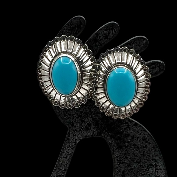 Southwestern Quoc Style Sterling Silver Faux Blue Turquoise Concho Stud Earrings - Picture 1 of 5